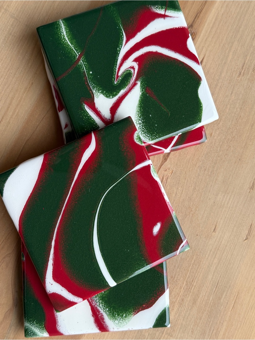 Hand-Painted Resin Coasters in Green, Red & White